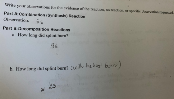 Write your observations for the evidence of the reaction, no reaction, or specific observation requested. Part A: Combination