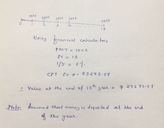 1000 1000 15 Using financial calculator, PMT= 1000 N = 15 1/4 = 61 CPT FV 7-23275.97 & Value at the end of 15th year = $232 7
