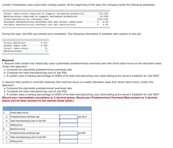 Landen Corporation uses a job-order costing system. At the beginning of the year, the company made the following estimates: D