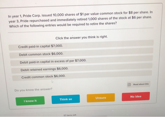 In year 1, Pride Corp. issued 10,000 shares of $1 par value common stock for $8 per share. In year 3, Pride repurchased and immediately retired 1,000 shares of the stock at $6 per share. Which of the following entries would be required to retire the shares? Click the answer you think is right. Credit paid-in capital $7,000. Debit common stock $6,000 Debit paid-in capital in excess of par $7,000. Debit retained earnings $6,000. Credit common stock $6,000. Read about this Do you know the answer? Think so No idea Unsure I know it 57 items left