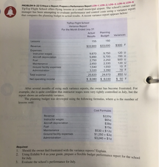 nce Report L09-1, L09-2, LO9-3, L09-4, LO9-6 PROBLEM 9-22 Critique a Report: Prepare a Performance Report L09-1, Tip Top Flig