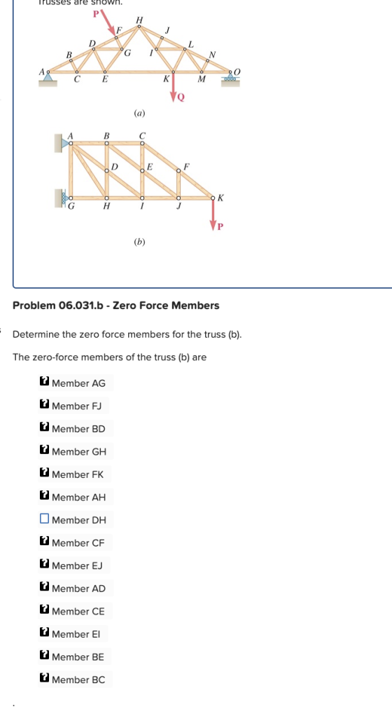 Irusses are shown. . с Е км Ve O Problem 06.031.b - Zero Force Members Determine the zero force members for the truss (b). Th