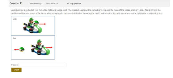Question 11 Tries remaining: 4 Points out of 1.00 p Flag question Luigi is driving a go-kart at 15.4 m/s while holding a koop