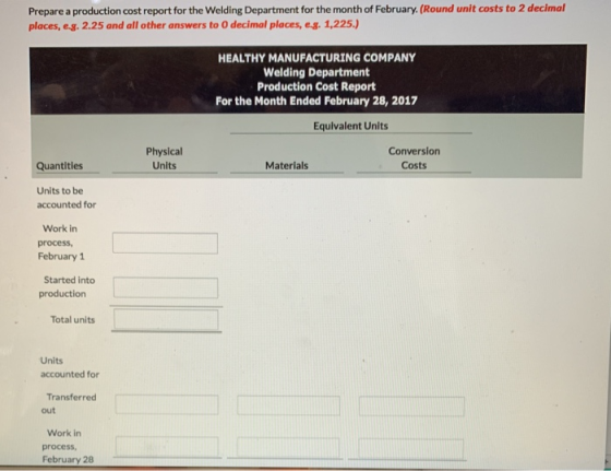 Prepare a production cost report for the Welding Department for the month of February. (Round unit costs to 2 decimal places,
