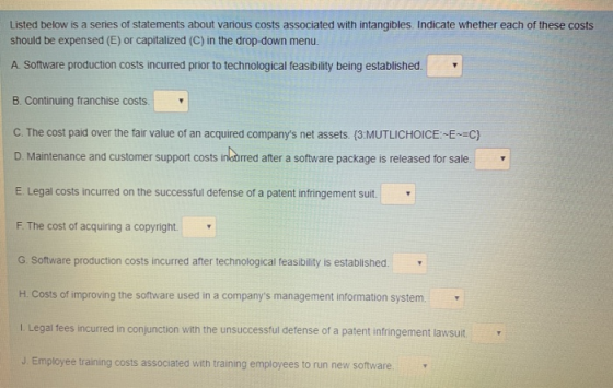 Listed below is a series of statements about various costs associated with intangibles. Indicate whether each of these costs