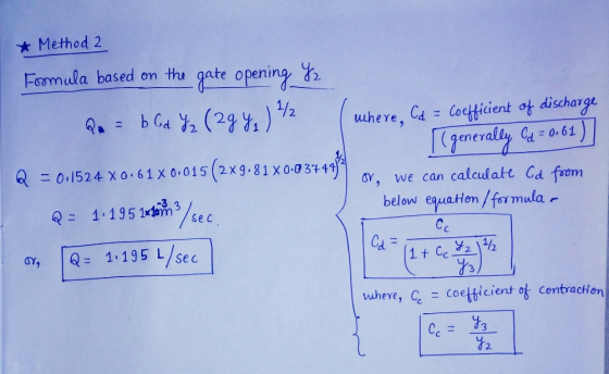 & Method 2 Formula based on the gate opening Y da b6d Z₂ (294, )/2 Q = 0,1524 x0.61 X 0.015 (2x9,81X0. 13/sec. 1.195 L/sec wh