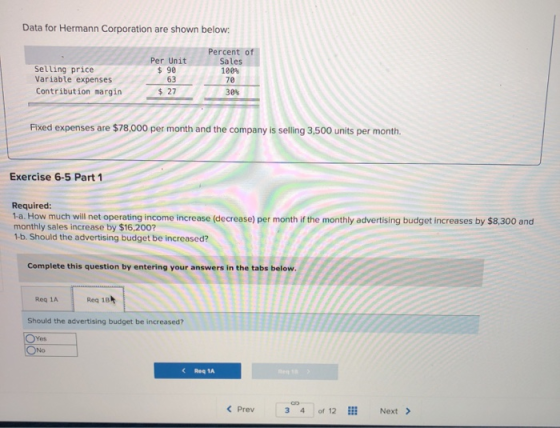 Data for Hermann Corporation are shown below: Selling price Variable expenses Contribution margin Per Unit $ 90 63 $ 27 Perce