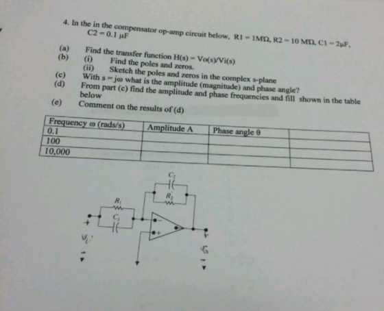4. In the in the compensator op-amp circuit below, R1 - IMm, R2- 10 Mn, c1- Find the transfer function H(s)- Vo(s/Vi(s) (i) F