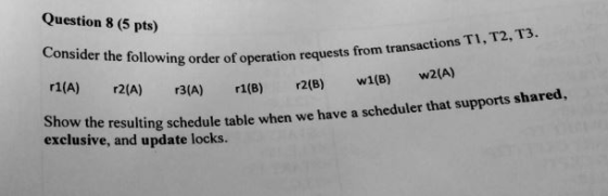 Question 8 (5 pts) Consider the following order of operation requests from transactions TI,T2,T3. r1 (A) r2(A) r3(A) r1(B) r2(B) w1(B) shared, Show he resulting schedule table when we have a scheduler that supports and update locks.