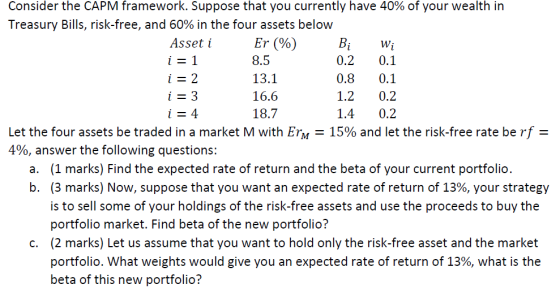 Er (%) 0.2 Consider the CAPM framework. Suppose that you currently have 40% of your wealth in Treasury Bills, risk-free, and
