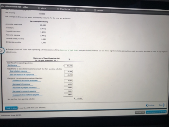 Ch. 16 Interactive HW+video eBook Show Me How Calculator Print Net Income 423,000 The changes in the current asset and abilit