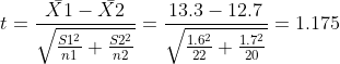 t = \frac{\bar{X1} - \bar{X2}}{\sqrt{\frac{S1^{2}}{n1} + \frac{S2^{2}}{n2}}} = \frac{13.3 - 12.7}{\sqrt{\frac{1.6^2}{22} + \frac{1.7^2}{20}}} = 1.175