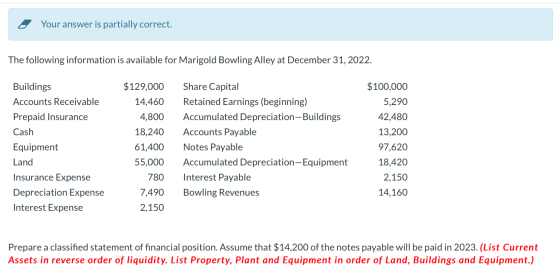 Your answer is partially correct. The following information is available for Marigold Bowling Alley at December 31, 2022. $12