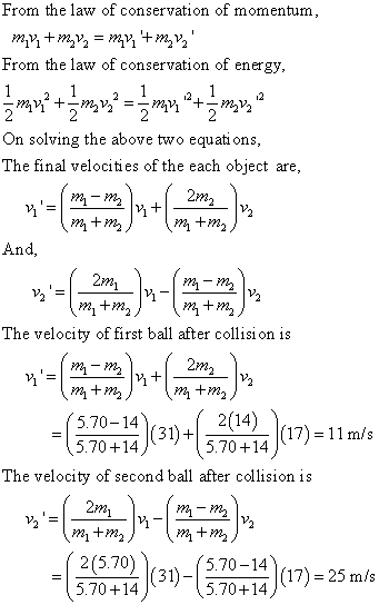From the law of conservation of momentum, From the law of conservation of energy 12 12 On solving the above two equations The final velocities of the each obiect are And The velocity of first ball after collision i:s 5.7020(31)+ 570414 2(14) 7+1417)-11 m/s 5.70+14 The velocity of second ball after collision is 2(570)(5.70-141)-25 m/s (%1 )(31)-( (31 570+14 )(17-25 m 5.70+14