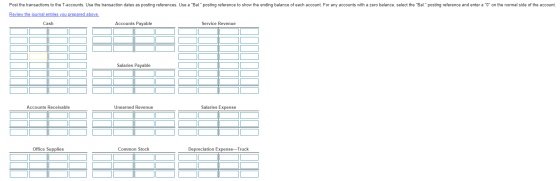 Post the transactions to the T-accounts. Use the transaction dates as posting references. Use a Bal posting reference to sh