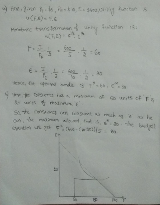 a) Here, given Pr = $5, PE = $10, I = $600, utility function is UCF, E) = F. E Monotonic transformation of utility function i