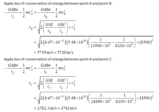 Apply law of conservation of energy between point A and point B: GMm 1 GMm + mv +-m muz 2 Тв 2 1 =- GM GM VB Тв 14 (6.67x10-1