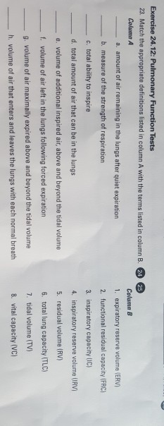 Exercise 24.12: Pulmonary Function Tests 23. Match the appropriate definitions listed in column A with the terms listed in column B Columo A Column B 1. expiratory reserve volume (ERV 2. functional residual capacity IFRC 3. inspiratory capacity (IC) 4. inspiratory reserve volume (IRV) 5. residual volume (RV) 6. total lung capacity (TLC) 7. tidal volume (TV) 8. vital capacity (VC) a. amount of air remaining in the lungs after quiet expiration b. measure of the strength of respiration c. total ability to inspire d. total amount of air that can be in the lungs e. volume of additional inspired air, above and beyond the tidal volume f. volume of air left in the lungs following forced expiration g. volume of air maximally expired above and beyond the tidal volume h. volume of air that enters and leaves the lungs with each normal breath