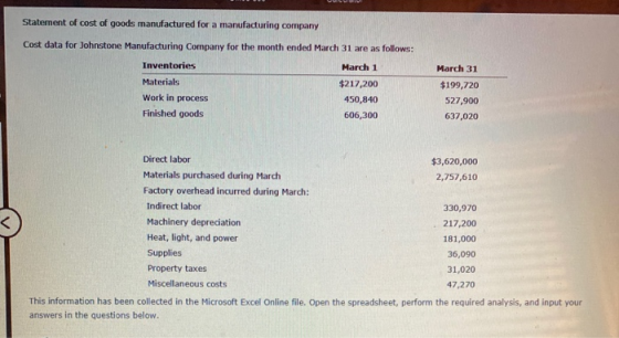 Statement of cost of goods manufactured for a manufacturing company Cost data for Johnstone Manufacturing Company for the mon