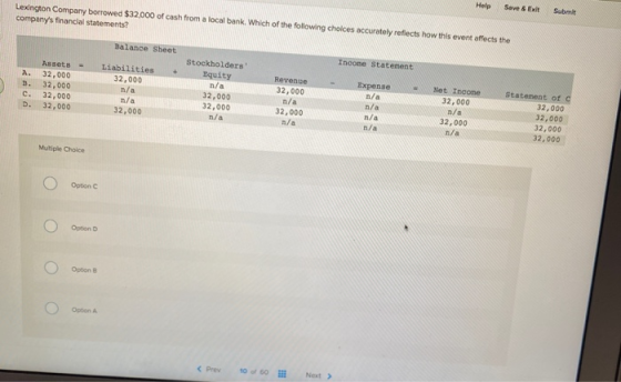 Help Save & Ex Lexington Company borrowed $32.000 of cash from a local bank. Which of the following choices accurately reflec