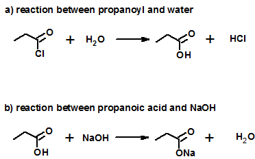 a) reaction between propanoyl and water CI он b) reaction between propanoic acid and NaOH он ONa