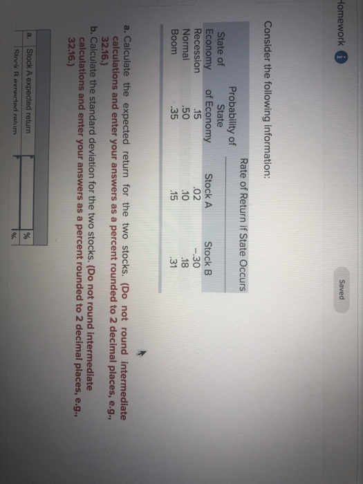 Homework i Saved Consider the following information: Rate of Return if State Occurs State of Economy Recession Normal Boom Pr