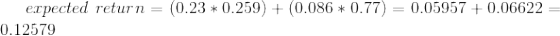 expected\ return=(0.23*0.259)+(0.086*0.77)=0.05957+0.06622=0.12579