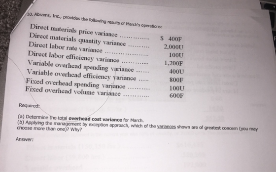 10. Abrams, Inc., provides the following results of Marchs operations: Direct materials price variance ... Direct materials