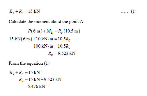 Calculate the moment about the point A P(6 m)+MD Rc (10.5 m) 15 kN 6 m) +10 N-m-10.5R 100 kN-m 10.5R Rc 9.523 kN From the equation (1). R15 kN-9.523 kN -5.476 kN