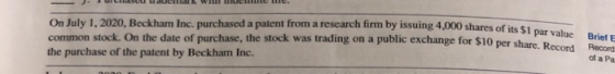 On July 1, 2020, Beckham Inc. purchased a patent from a research firm by issuing 4,000 shares of its $1 common stock. On the
