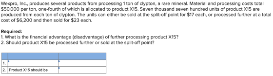 Wexpro, Inc., produces several products from processing 1 ton of clypton, a rare mineral. Material and processing costs total