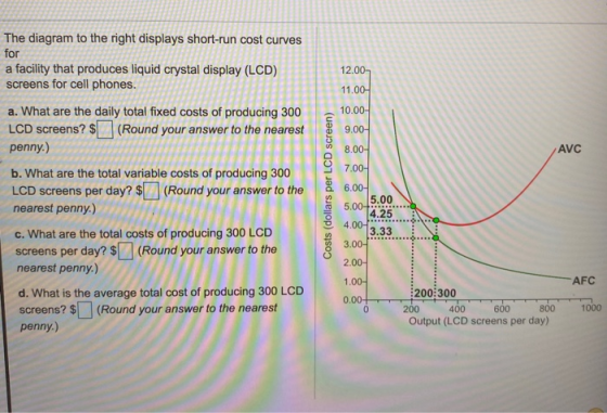 12.00 11.00- 10.00- 9.00- 8.00- AVC 7.00- The diagram to the right displays short-run cost curves for a facility that produce