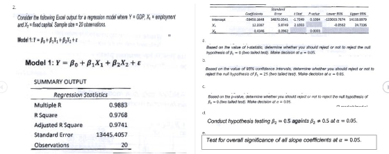 Consider the following Excel outout for a regression model where Y = GDP, X, employment and Xx = fixed capital Sample size =