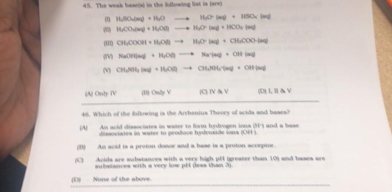 45. The weak basein) in the following list is (are) (1 804(109) + HO HO (aq) + HSO4 (ac) (11) Vụ Ô (aq) + 0 + HÔ (Ag) + HOA