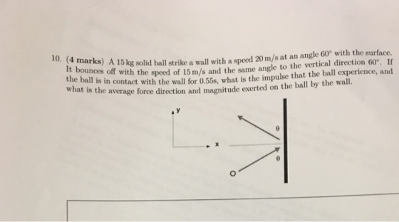 rks) A 15kg solid ball strike a wall with a speed 20m/s at an angle 60° with the surface. It bounces off with the is in contact with the wall for 0.55s, what is the impulse that the ball experience, and force direction and magnitude exerted on the ball by the wall. speed of 15 m/s and the same angle to the vertical direction 60°. If what is the average