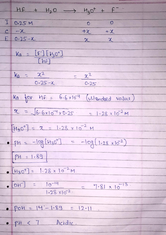 H₂O HF + I 0.25M cl-x E 0.25-X. H₂ot + f. 0 C tx + x x Ka = [F] [Hot [HE ka = x² 0.25-X x2 0.25 ka for HF = 6.6*10-4 (istanda