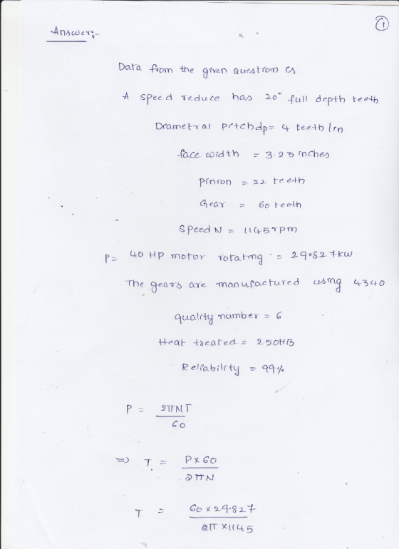 Data fapm the give questrom A SPeed educe ha 2o full depth teeth Pace coal th = 3.9ちrnche The 3 4 O Reliabilrtij 99 % 丁= PxGo