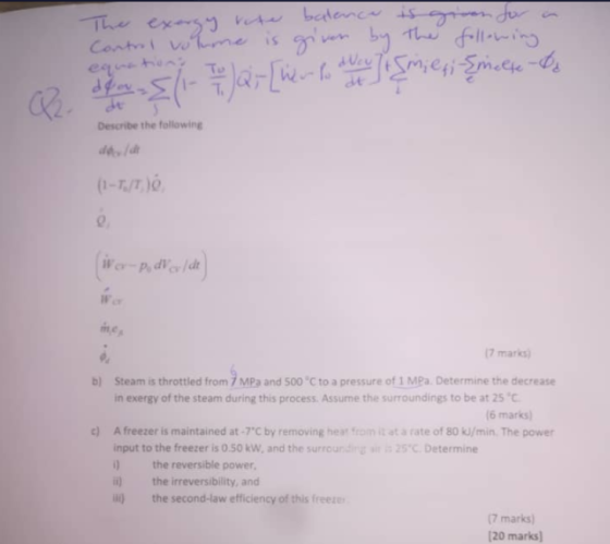 Control volume is given by the following The exergy rese batence is given for der / 1 1 1 1 1 2 [her to the smeri şincelets D