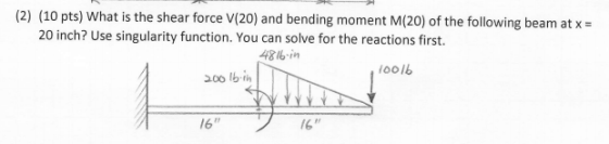 (2) (10 pts) What is the shear force V(20) and bending moment M(20) of the following beam at x 20 inch? Use singularity function. You can solve for the reactions first. 4816-in oolb 0o lb-ih 16 16