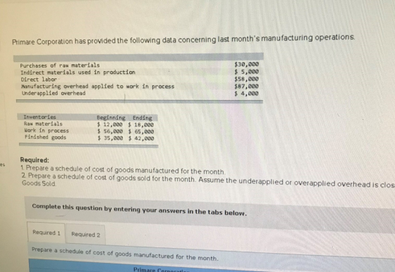 Primare Corporation has provided the following data concerning last months manufacturing operations. Purchases of raw materi