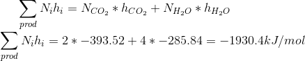 \sum_{prod}N_ih_i= N_{CO_2}*h_{CO_2}+ N_{H_2O}*h_{H_2O} \newline \sum_{prod}N_ih_i= 2*-393.52 + 4* -285.84 =-1930.4 kJ/mol