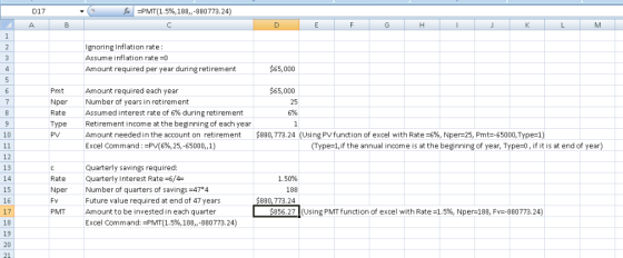 017 - fo =PMT(1.5%, 188,,-880773.24) E F G H I J K L M Ignoring Inflation rate : Assume inflation rate =0 Amount required per