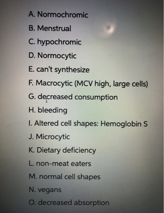 A. Normochromic B. Menstrual C. hypochromic D. Normocytic E. cant synthesize F. Macrocytic (MCV high, large cells) G. decrea