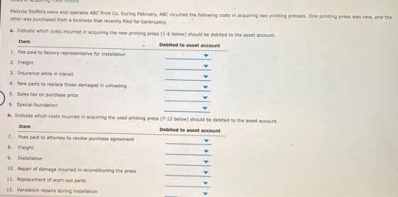 NEUSES Melinda Stoffers owns and operates ABC Print Co. During February, ABC incurred the following costs in acquiring two pr