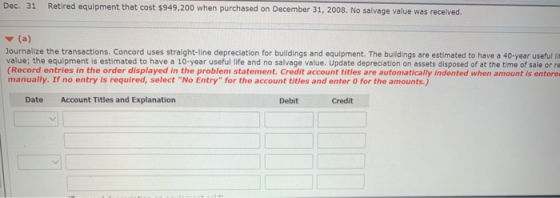 Dec. 31 Retired equipment that cost $949,200 when purchased on December 31, 2008. No salvage value was received. (a Journaliz