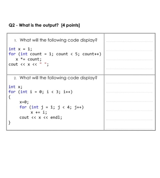 Q2 What is the output? [4 points] 1. What will the following code display? int x 1; for (int count 1; count 5; count++) x Count cout <<X 2. What will the following code display? int x; for (int i 0; i 3; i++) x 0 for (int j- 1; j 4; j++) cout x<< endl