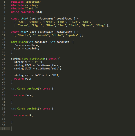 1 #include <iostream> #include <string> #include Card.h using namespace std; const char* Card: :faceNames[ totalFaces ] = {
