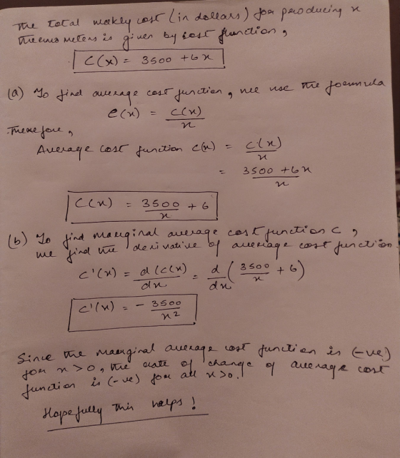 The total weekly cast (in dollars) for producing a the amo meters is given by sest franction, IC(x) = 3500 ton? the foonnuela