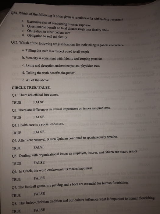 Q24. Which of the following is often given as a rationale for withholding treatment? a. Excessive risk of contracting discase