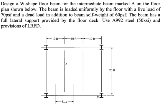 Design a W-shape floor beam for the intermediate beam marked A on the floor plan shown below. The beam is loaded uniformly by
